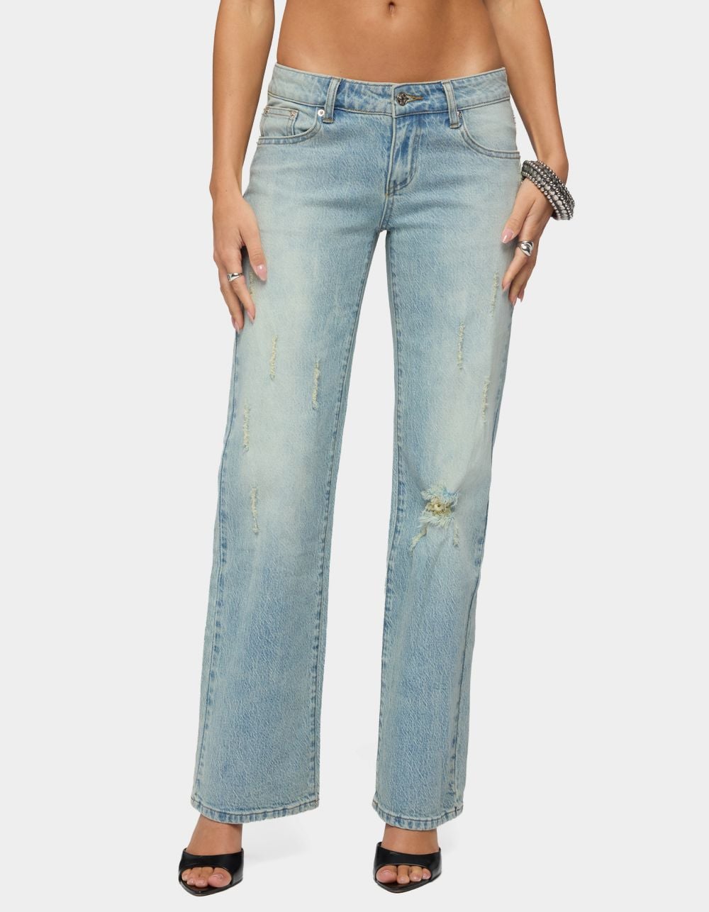 EDIKTED Lainie Distressed Low Rise Bootcut Jeans - BLUE