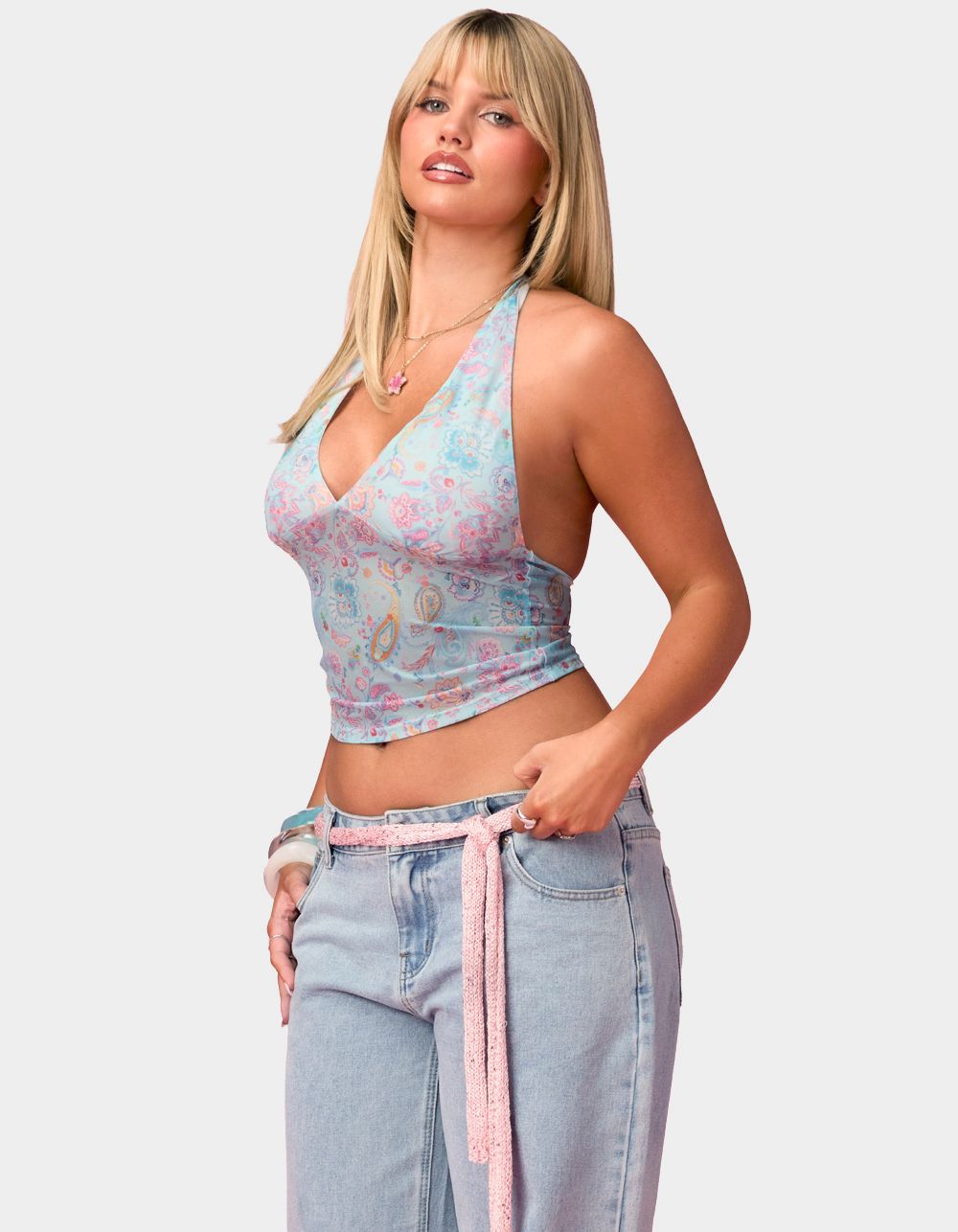 EDIKTED Barbie™ Fever Paisley Mesh Halter Top - LIGHT BLUE