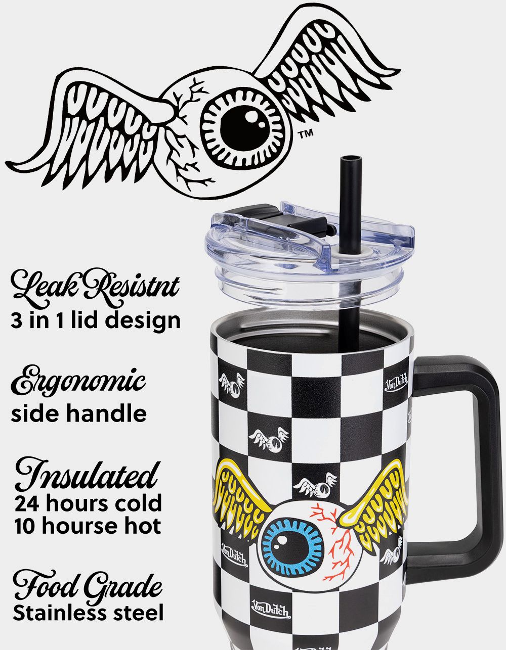 VON DUTCH 40oz Vision Board Double Walled Insulated Stainless Steel Tumbler - CHECKER