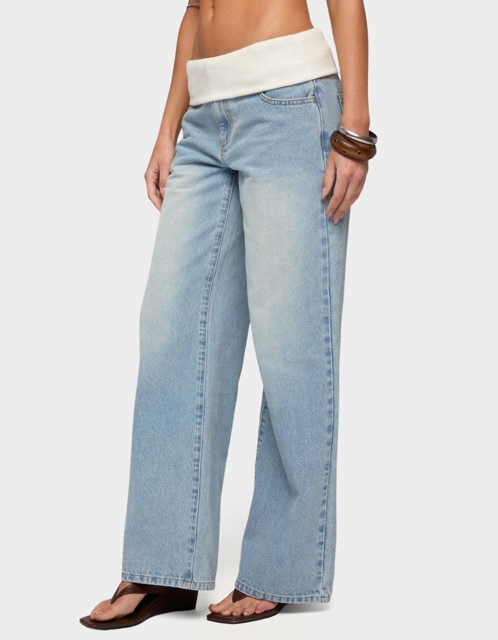 EDIKTED Knit Foldover Low Rise Baggy Jeans - LIGHT BLUE