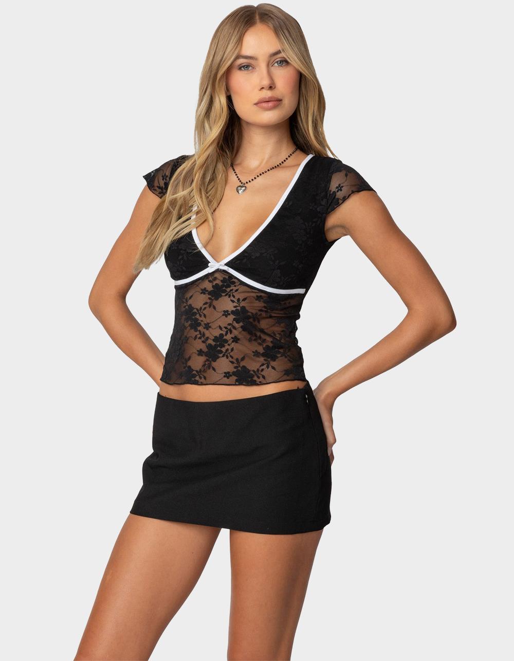 EDIKTED Avi Sheer Lace Top - BLACK
