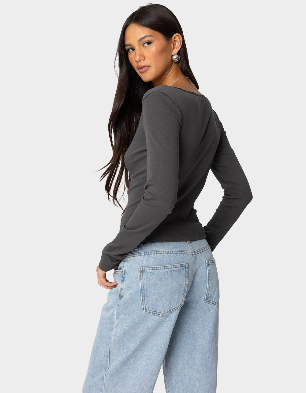EDIKTED Adrienne Lace Trim Top - GRAY