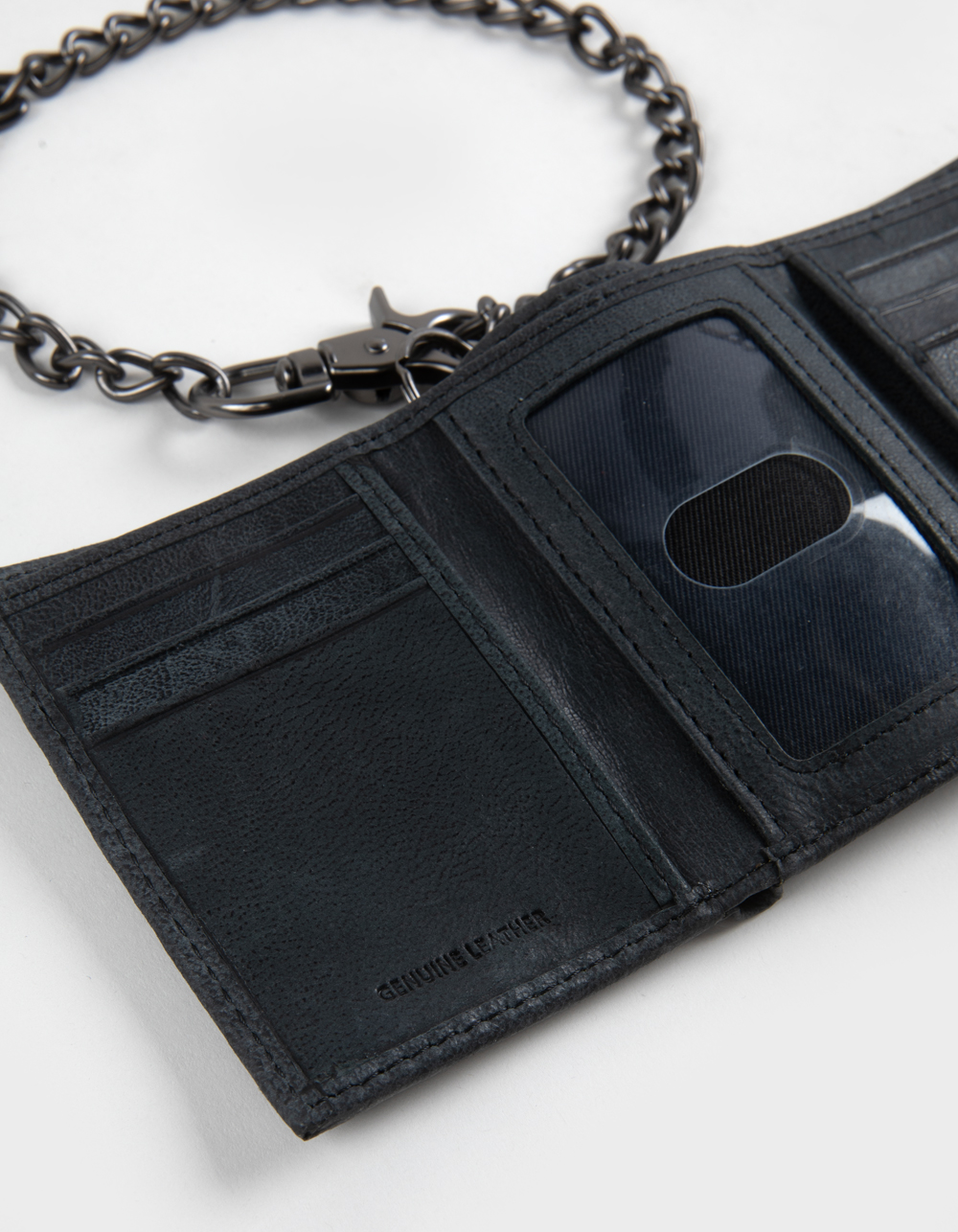 DICKIES Genuine Leather Trifold Wallet with Chain - BLACK