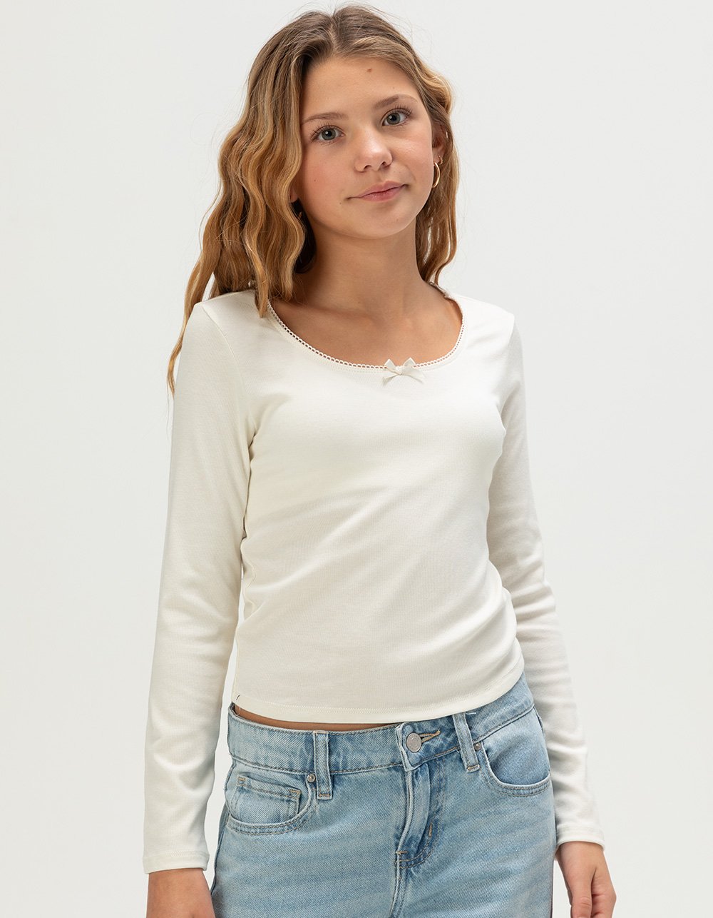 FULL TILT Bow Trim Girls Long Sleeve Tee - OFF WHITE