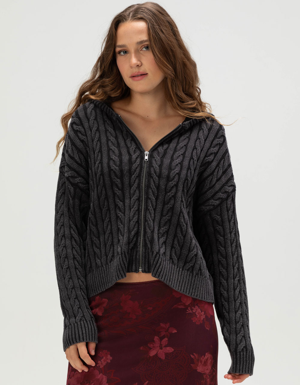 RSQ Womens Cable Knit Zip-Up Sweater - WASHED BLACK