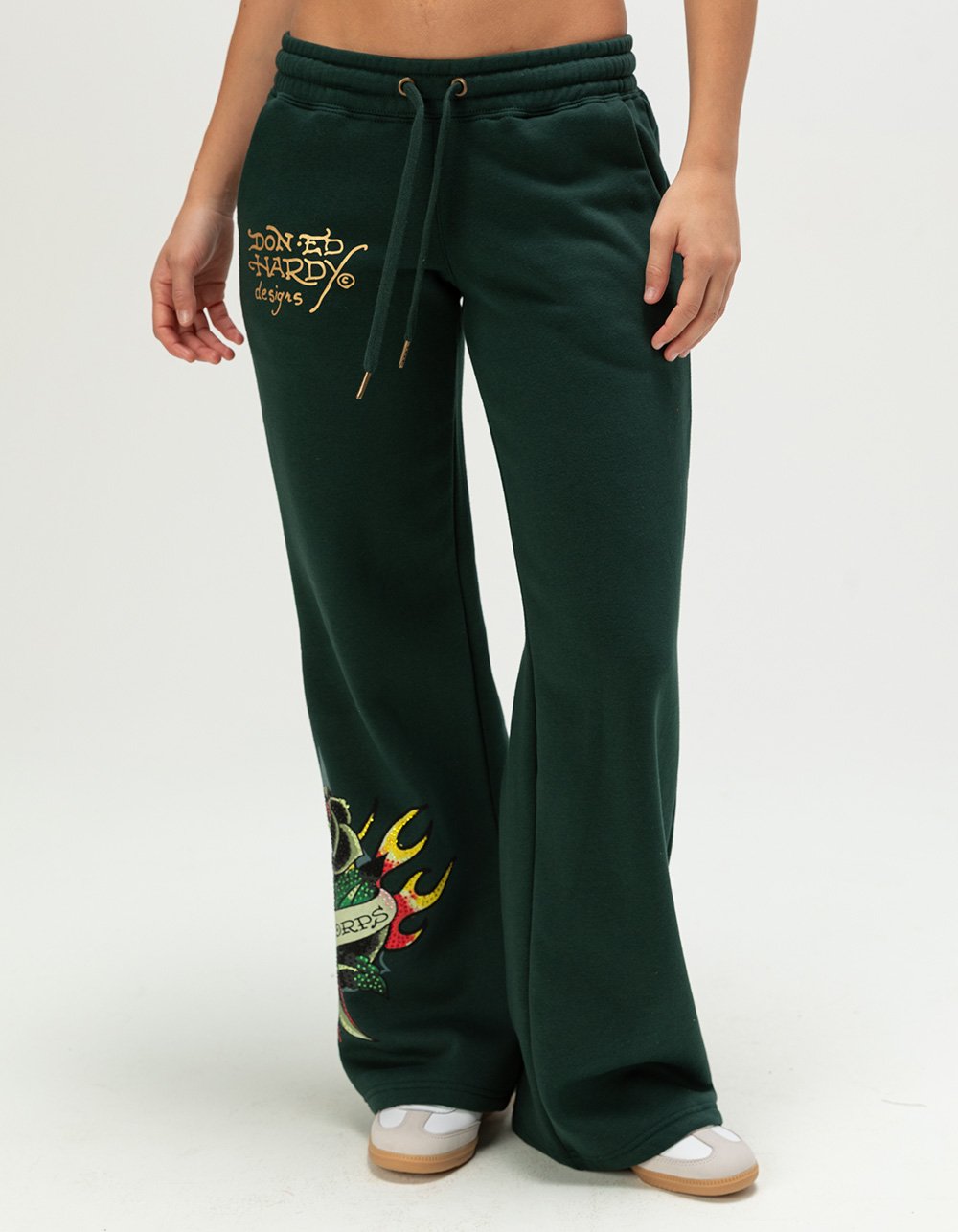 ED HARDY Sacred Heart Womens Rhinestone Sweatpants - HUNTER
