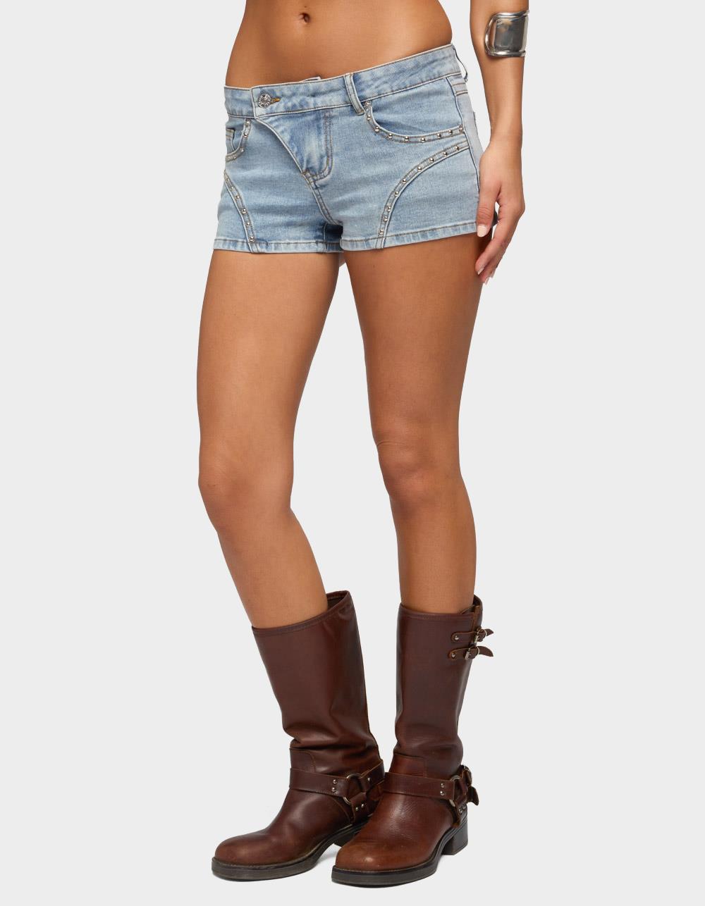 EDIKTED Western Stitch Studded Denim Micro Shorts - BLUE