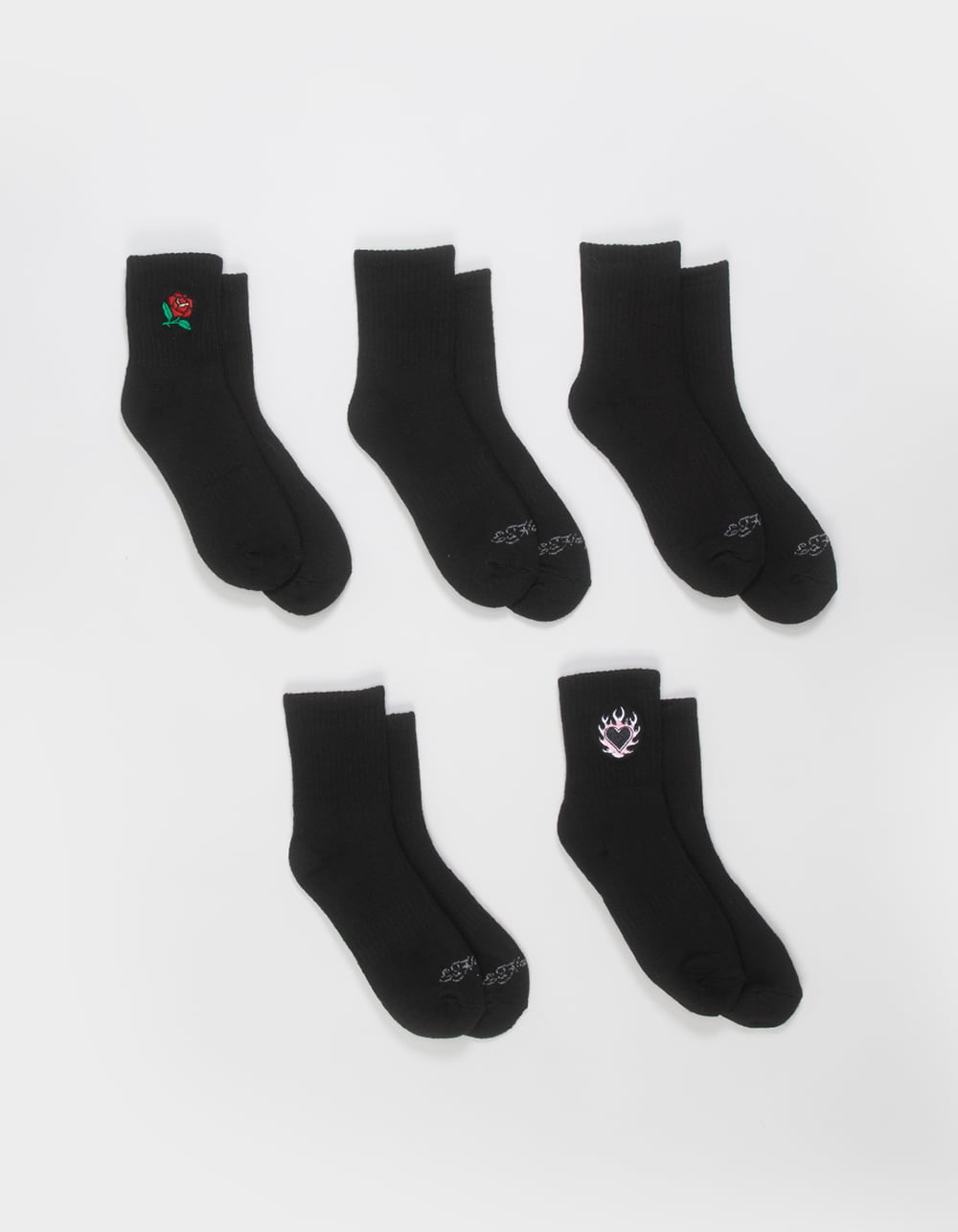 ED HARDY 5 Pack Embroidered Womens Crew Socks - BLACK