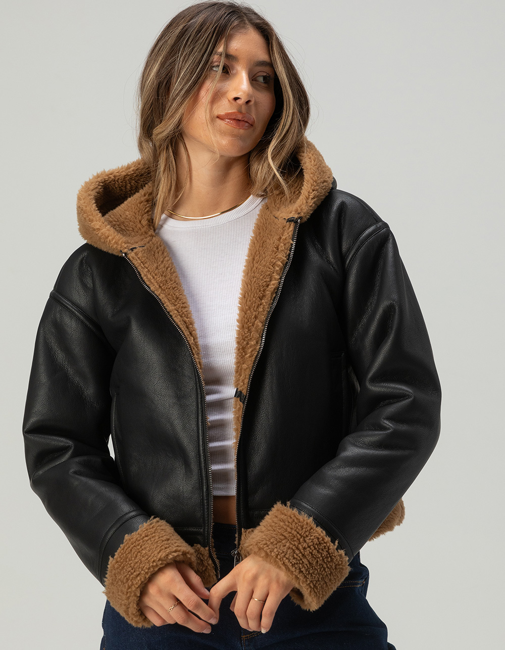 RSQ Womens Bonded Faux Leather Hooded Jacket - BLACK