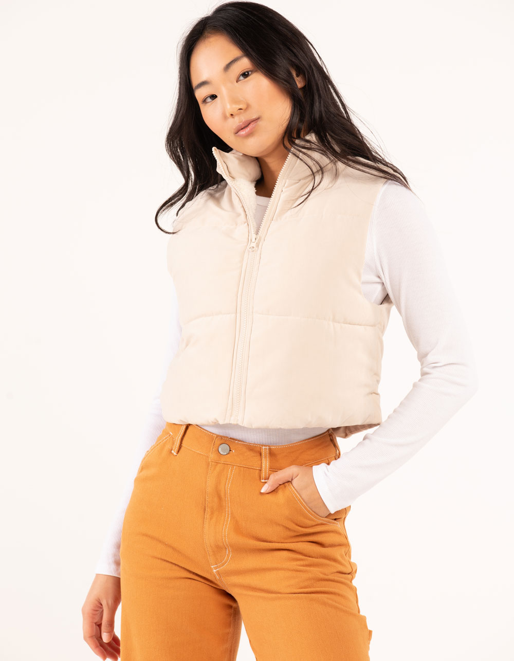 CI SONO Womens Cropped Sherpa Lined Vest KHAKI Tillys