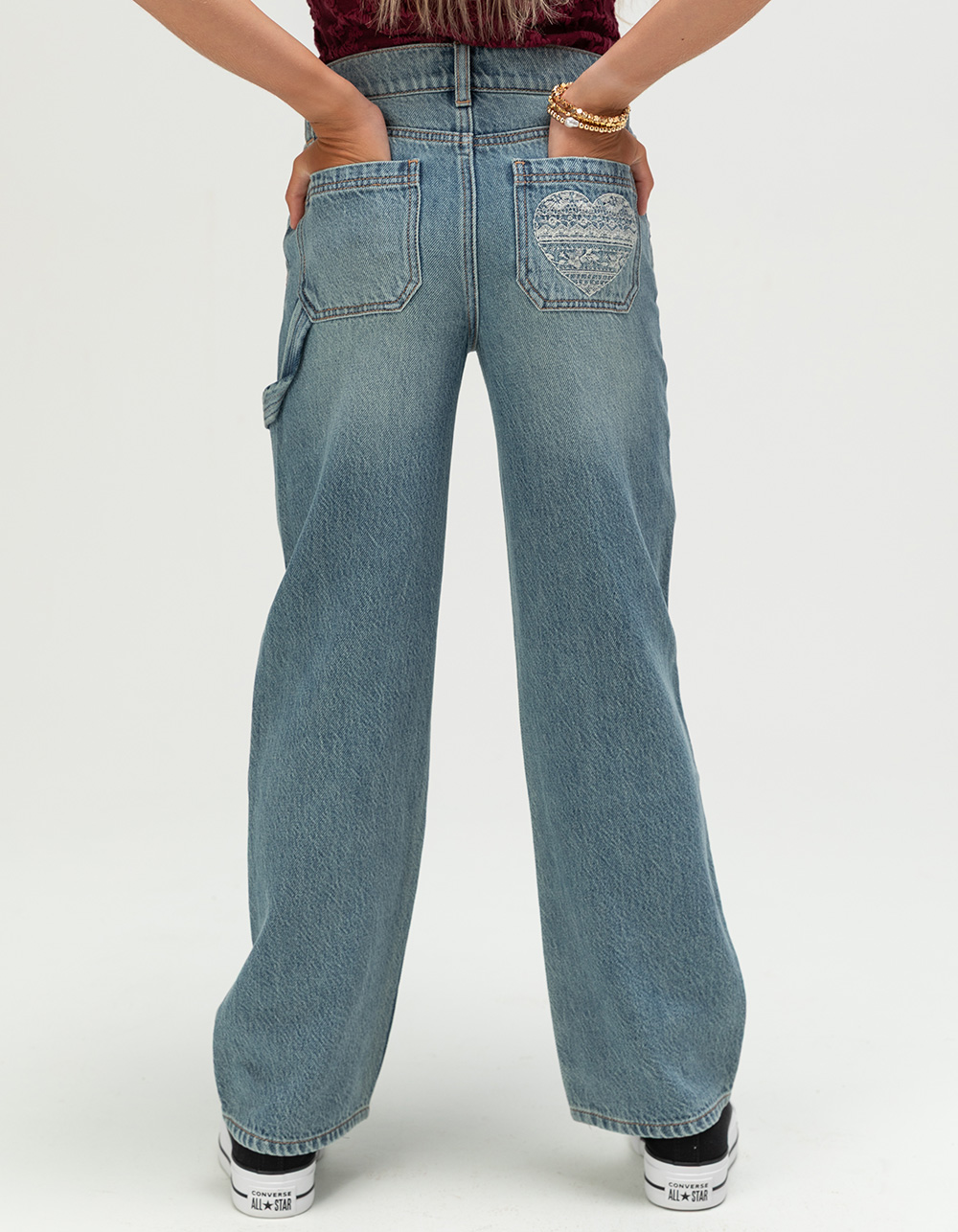 RSQ Girls High Rise Heart Carpenter Jeans - MEDIUM WASH
