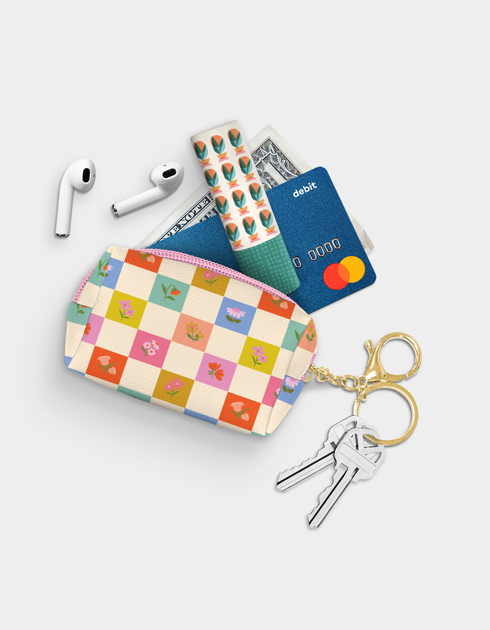 STUDIO OH! Checkerboard Blooms Key Chain Pouch - MULTI