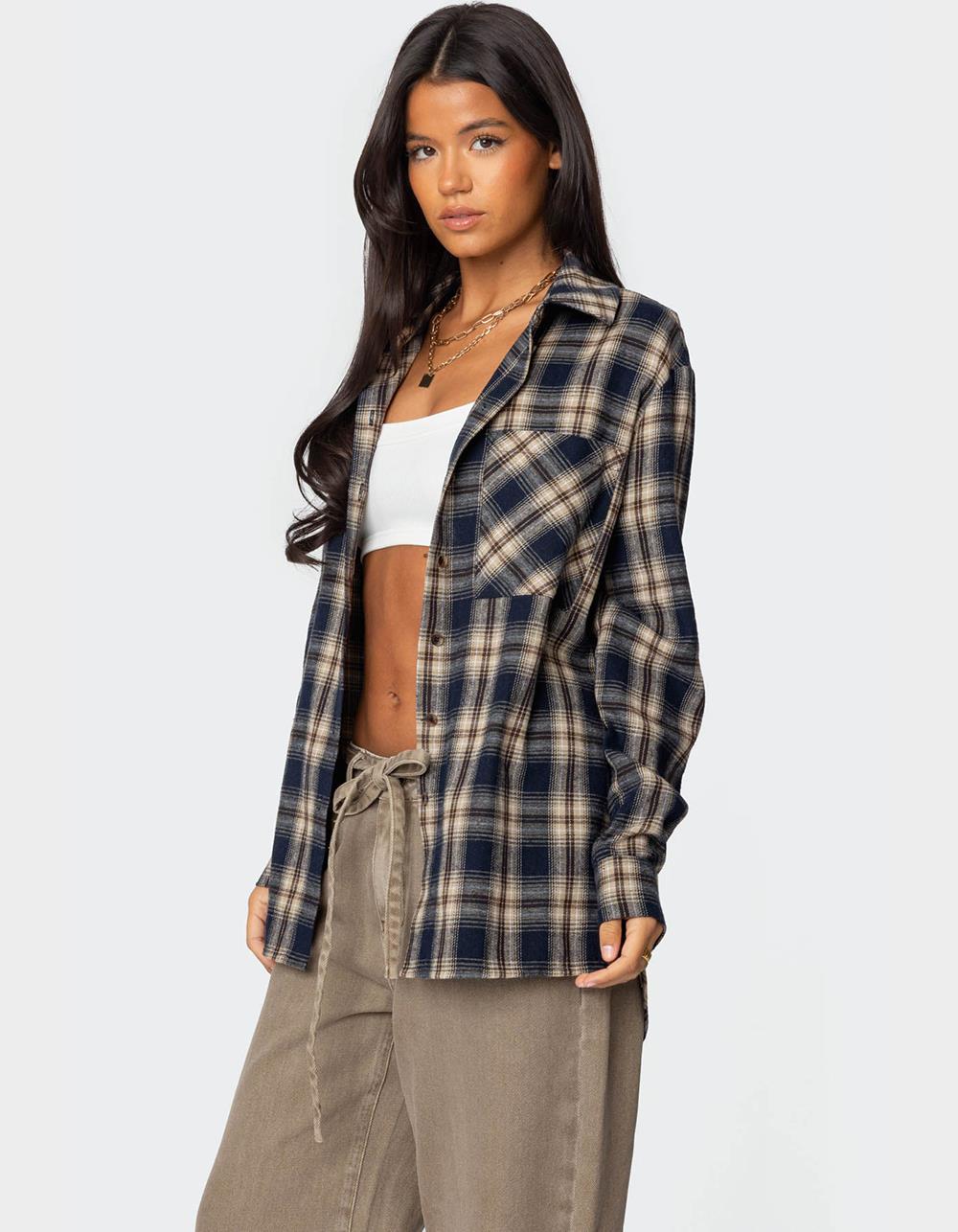 EDIKTED Plaid Flannel Button Up Shirt - NAVY