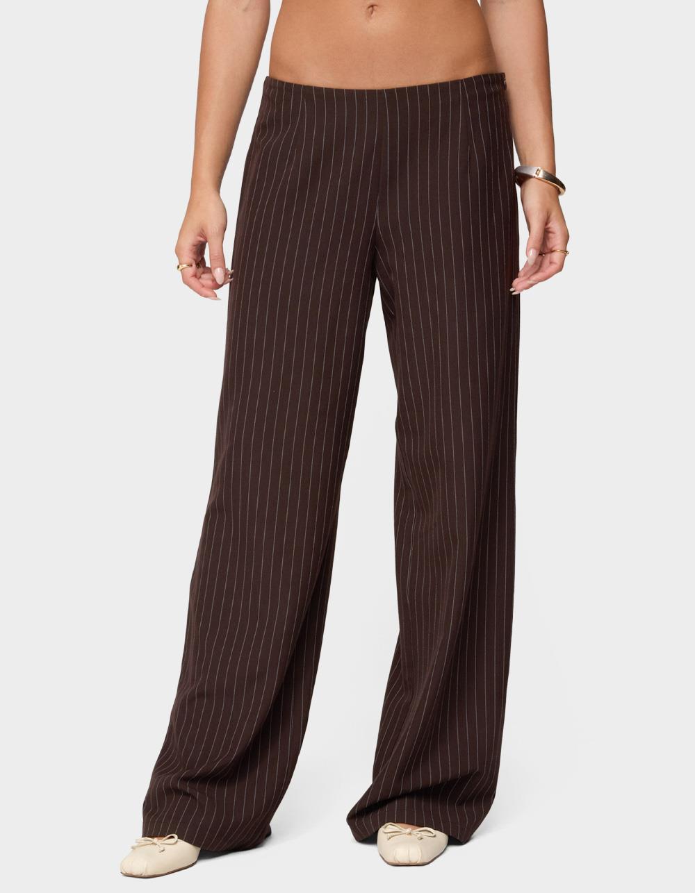 EDIKTED Kerie Pinstripe Low Rise Pants - BROWN