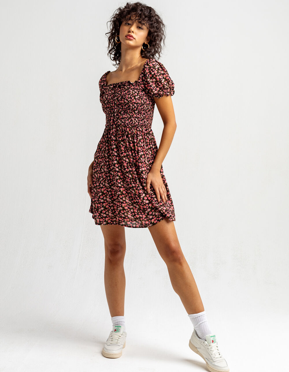 TIMING Ditsy Smocked Puff Sleeve Black & Pink Dress BLACK/PINK Tillys