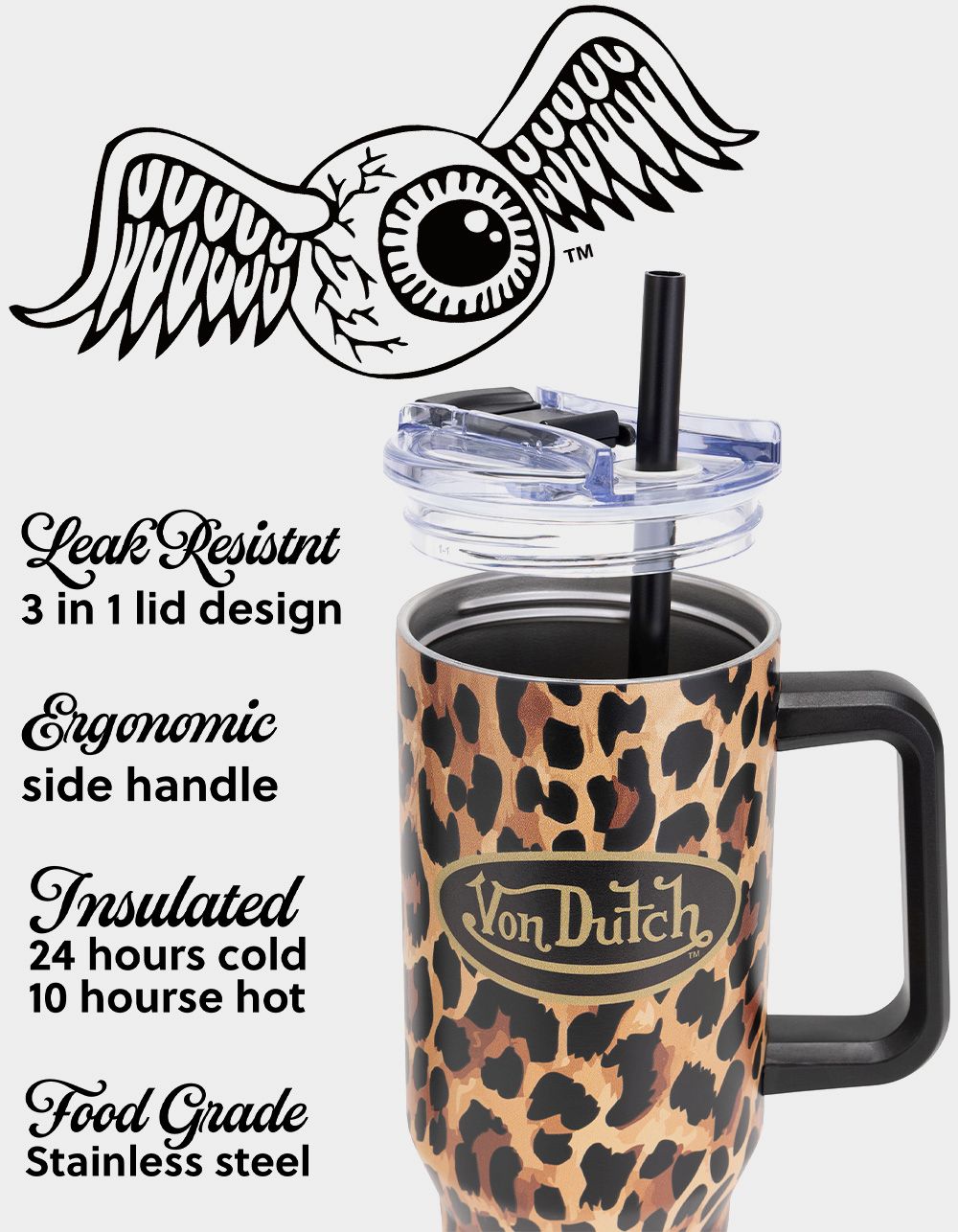 VON DUTCH 40oz Leopard Double Walled Insulated Stainless Steel Tumbler - LEOPARD