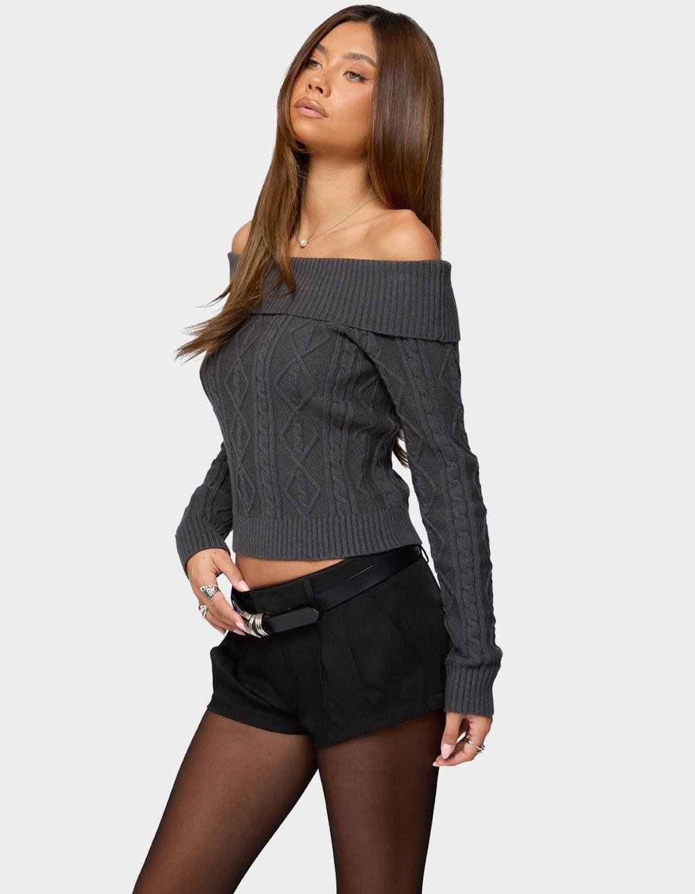 EDIKTED Leta Off Shoulder Cable Knit Sweater - GRAY