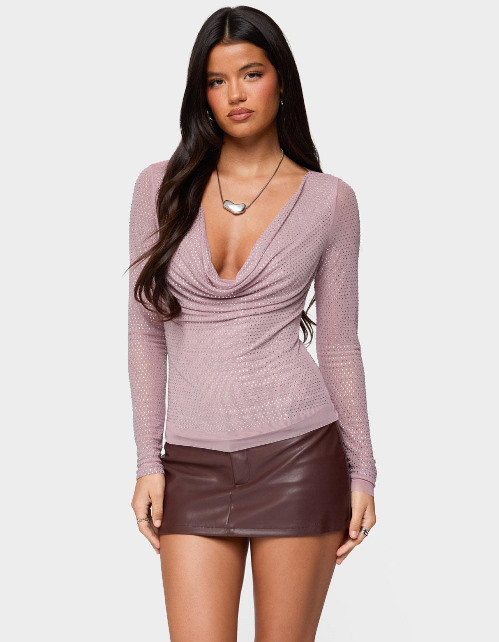 EDIKTED Marena Rhinestone Cowl Neck Top - PURPLE