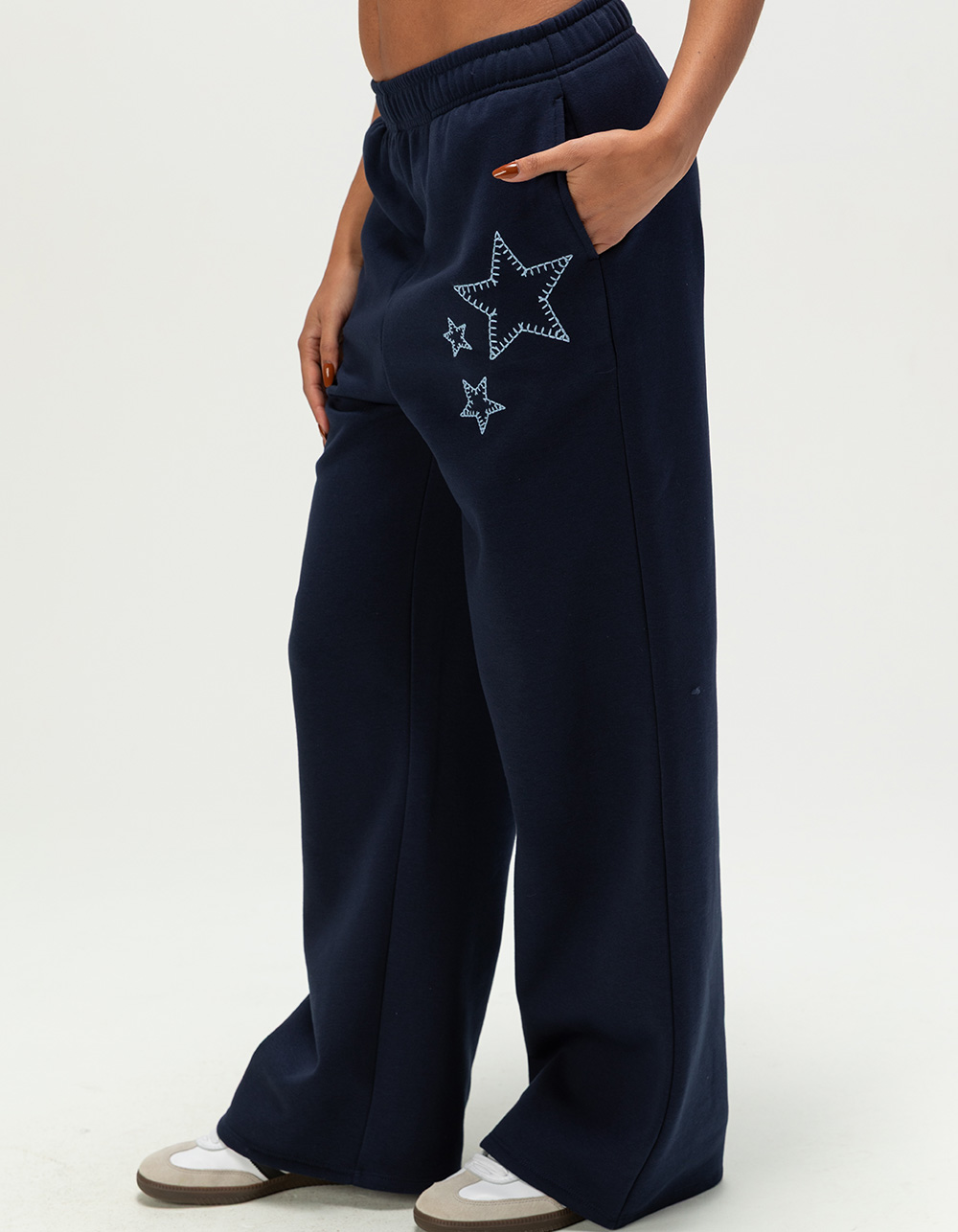 FULL TILT Embroidered Star Womens Wide Leg Sweatpants - NAVY COMBO
