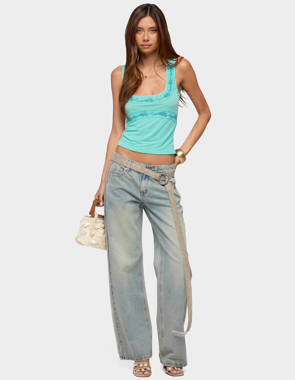 EDIKTED Isiadora Beaded Scoop Neck Tank Top - BLUE