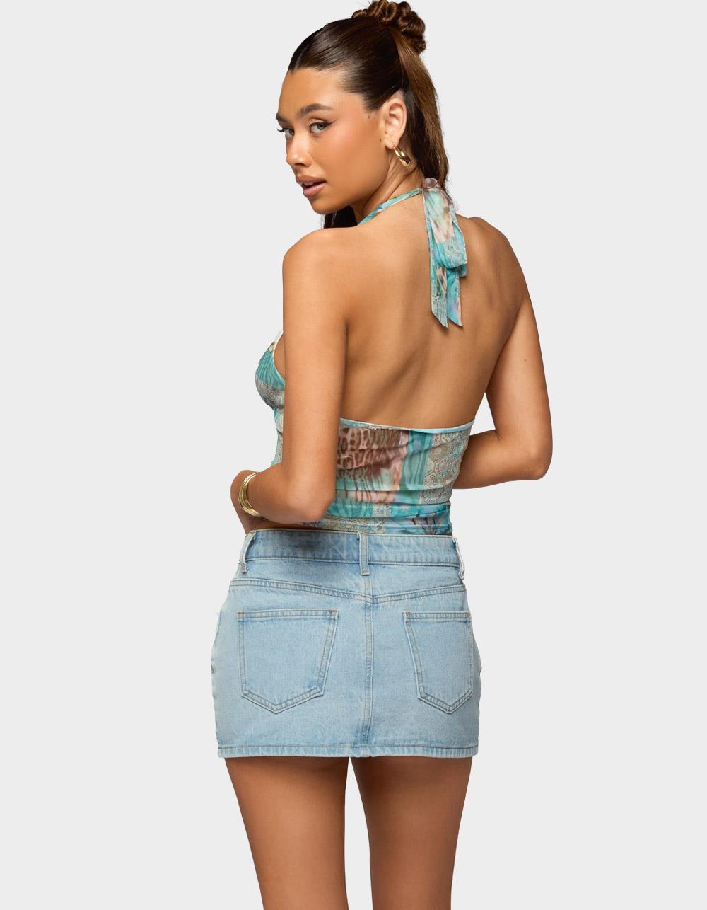 EDIKTED Catie Printed Mesh Halter Top - BLUE