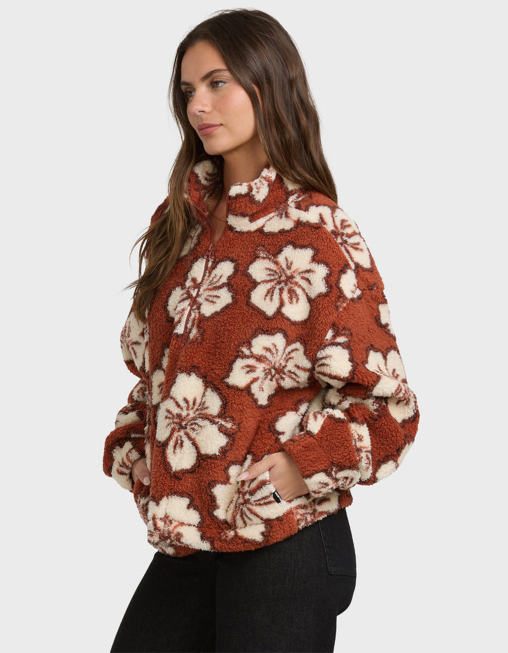 BILLABONG All The Time Womens Half-Zip Sherpa Sweatshirt - BURGUNDY COMBO