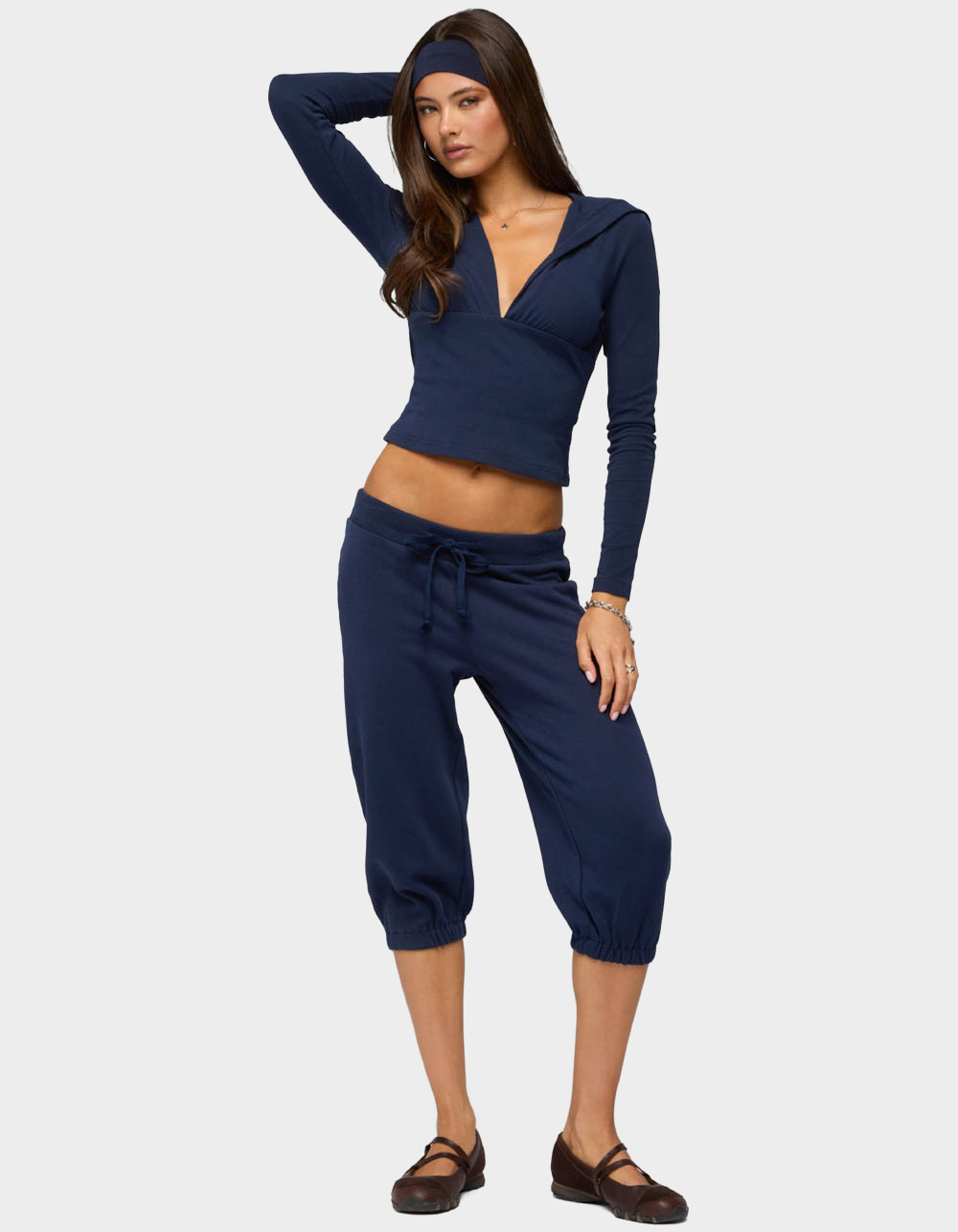 EDIKTED Natashah Hooded Long Sleeve Top - NAVY