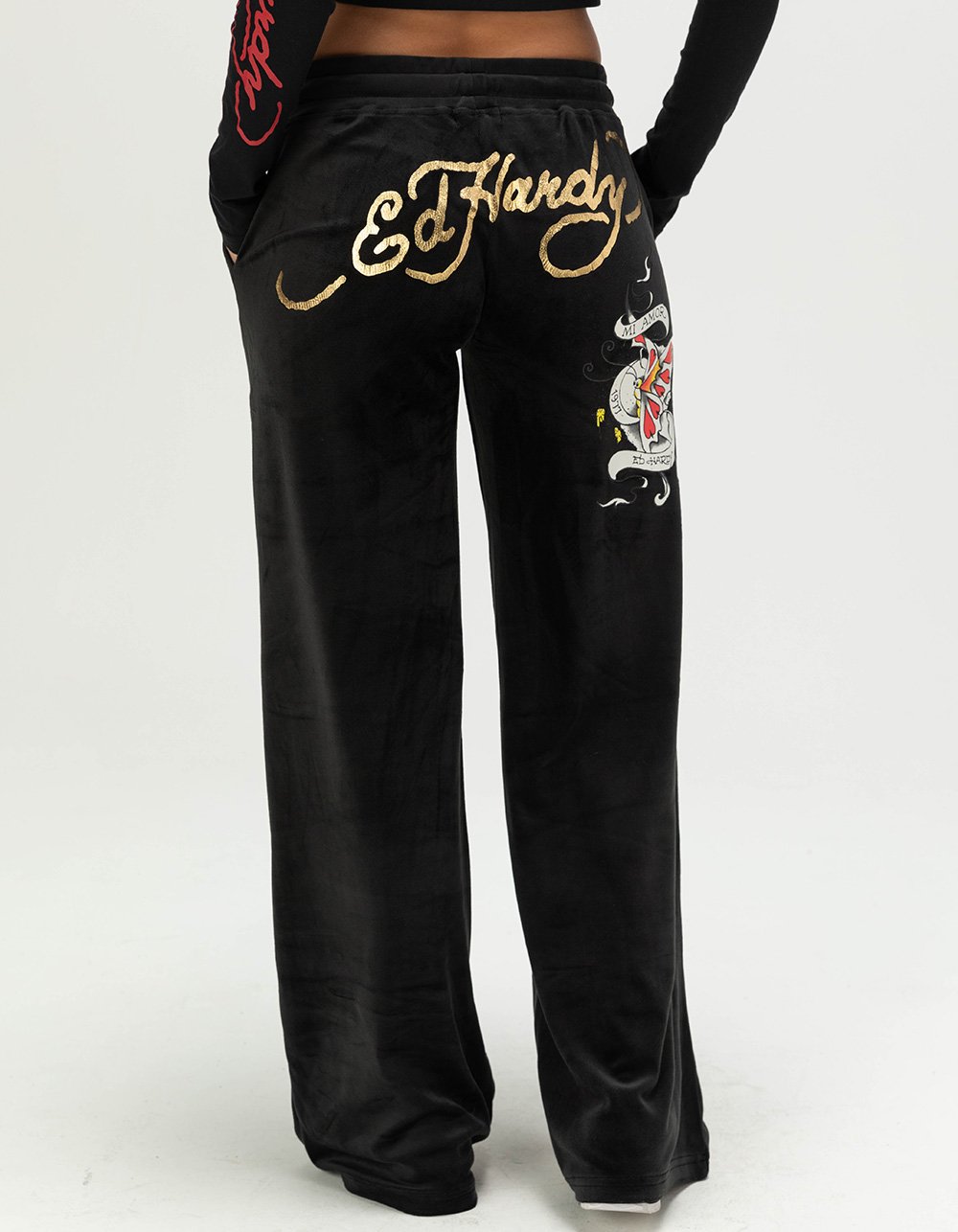 ED HARDY Amor Butterfly Womens Velour Sweatpants - BLACK