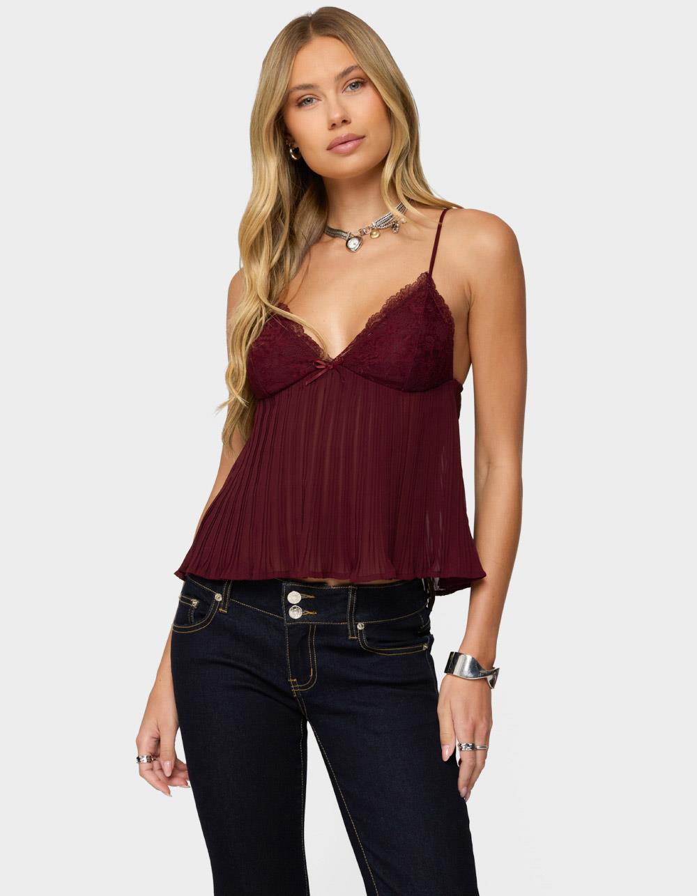 EDIKTED Rhian Lacey Pleated Babydoll Top - DK RED