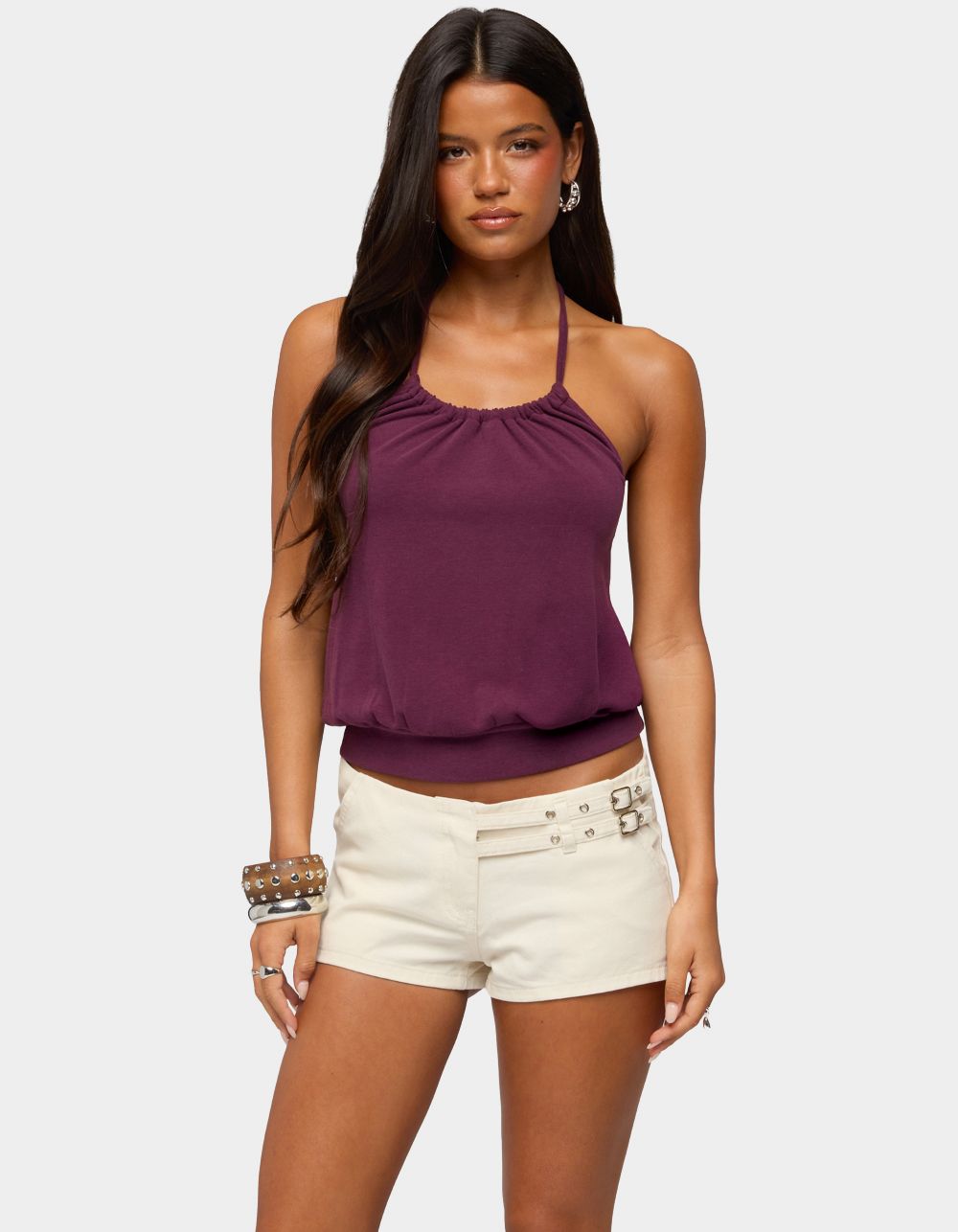 EDIKTED Bondi Cinched Waist Halter Top - PURPLE
