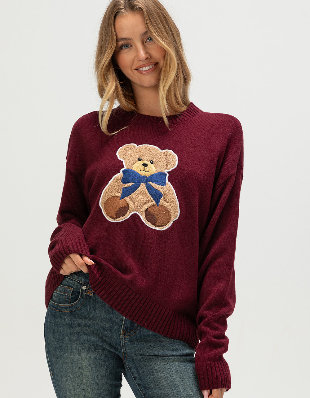 RSQ Womens Bear Sweater - BURGUNDY