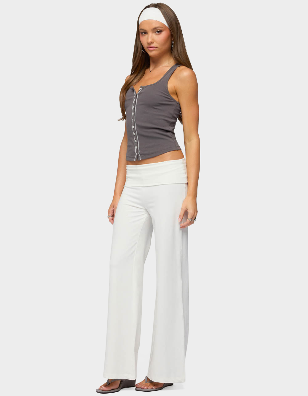 EDIKTED Contrast Button Up Ribbed Tank Top - GRAY