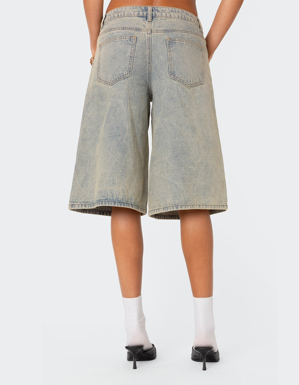 EDIKTED Xtra Long Acid Wash Denim Bermuda Shorts - BLUE