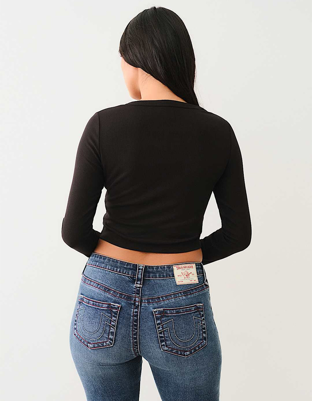 TRUE RELIGION Horseshoe Logo Rib Womens Long Sleeve Baby Tee - BLACK