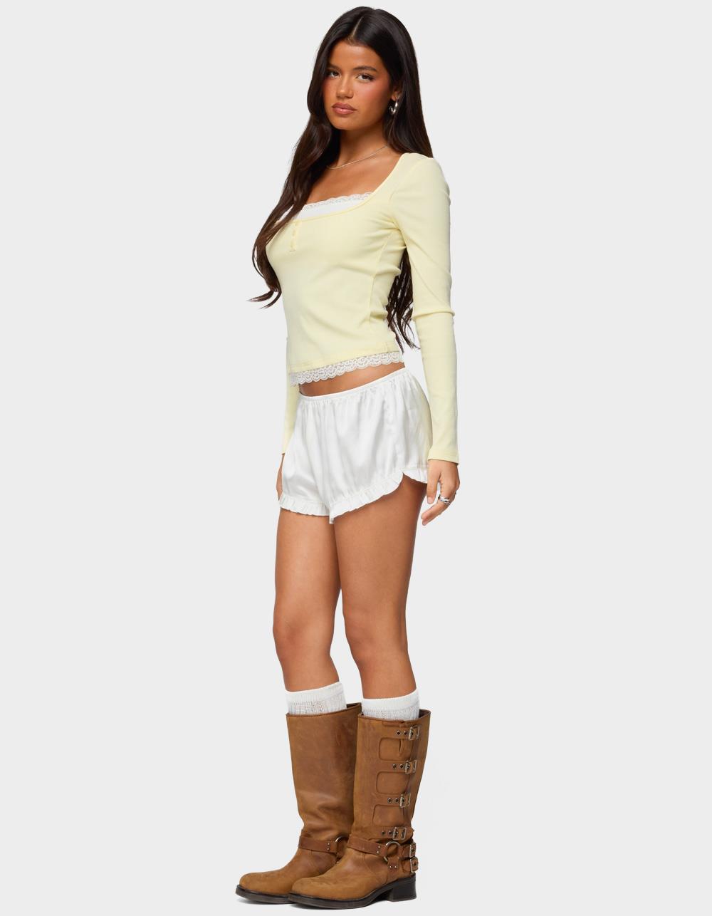 EDIKTED Joana Layered Lacey Henley Top - YELLOW