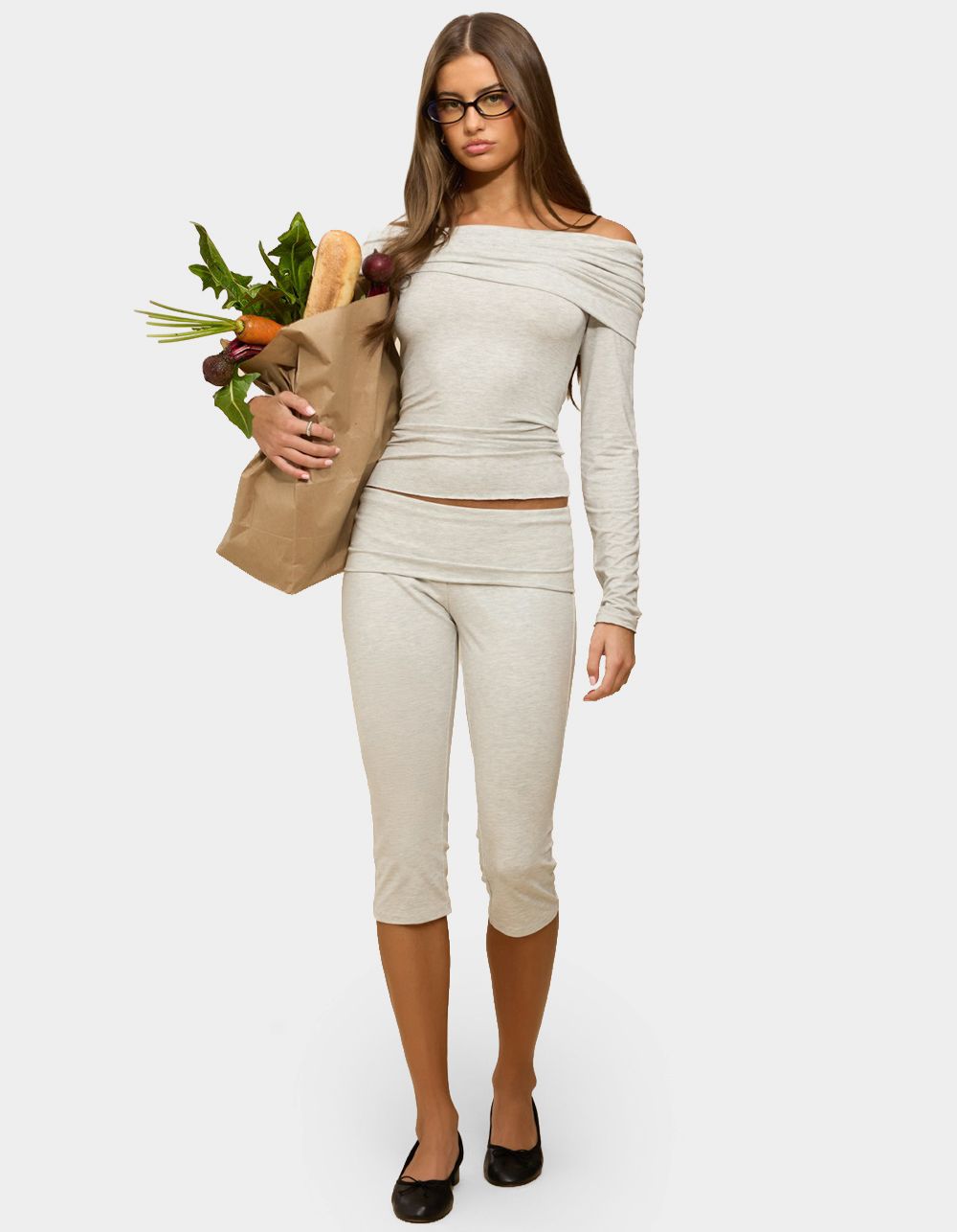 EDIKTED Habiba Foldover Off Shoulder Top - GRAY