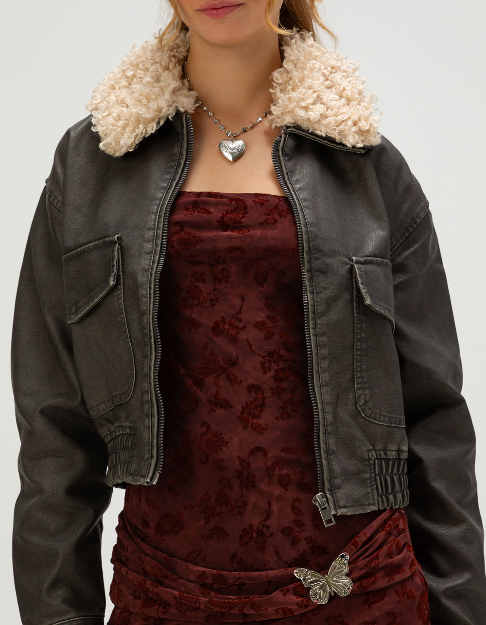 WEST OF MELROSE Womens Sherpa Collar Crop Faux Leather Jacket - BROWN