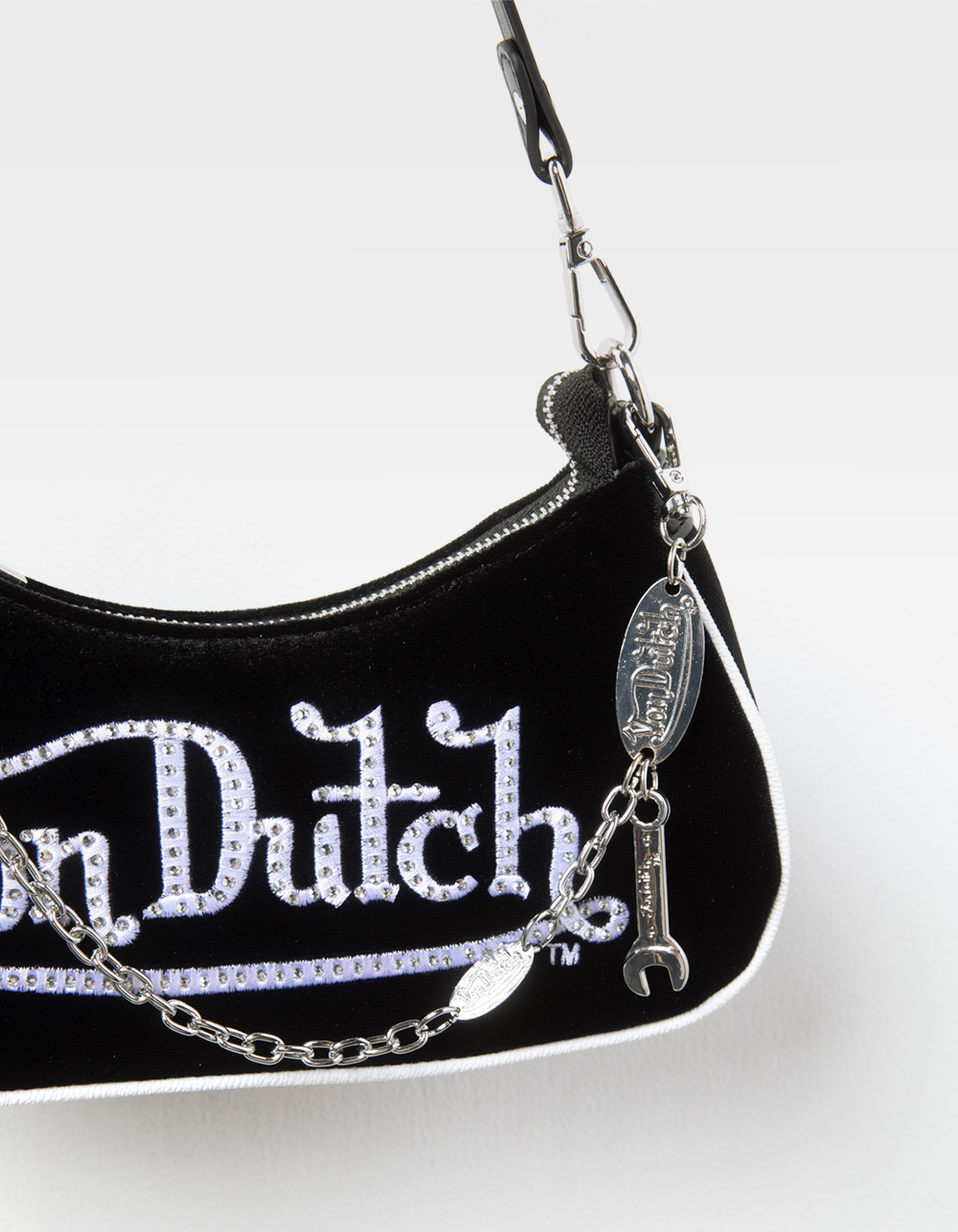 VON DUTCH Rhinestone Velvet Shoulder Bag - BLACK