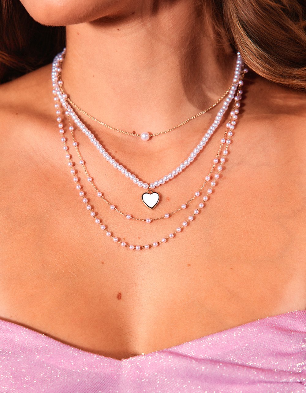 FULL TILT Layered Pearl/Heart Necklace - GOLD