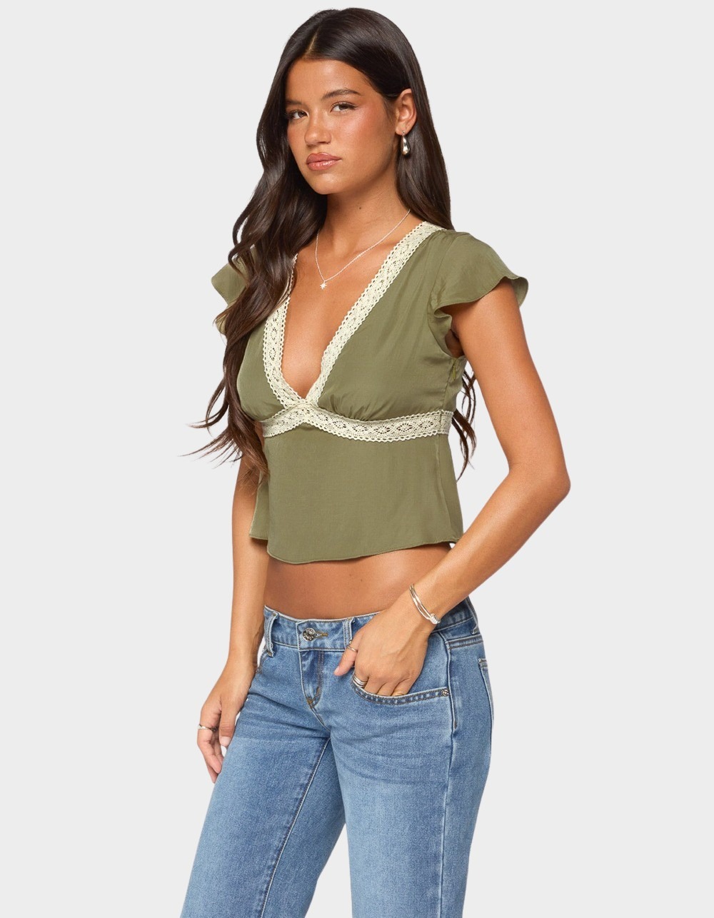 EDIKTED Kaela Lacey Flutter Sleeve Top - DK GREEN