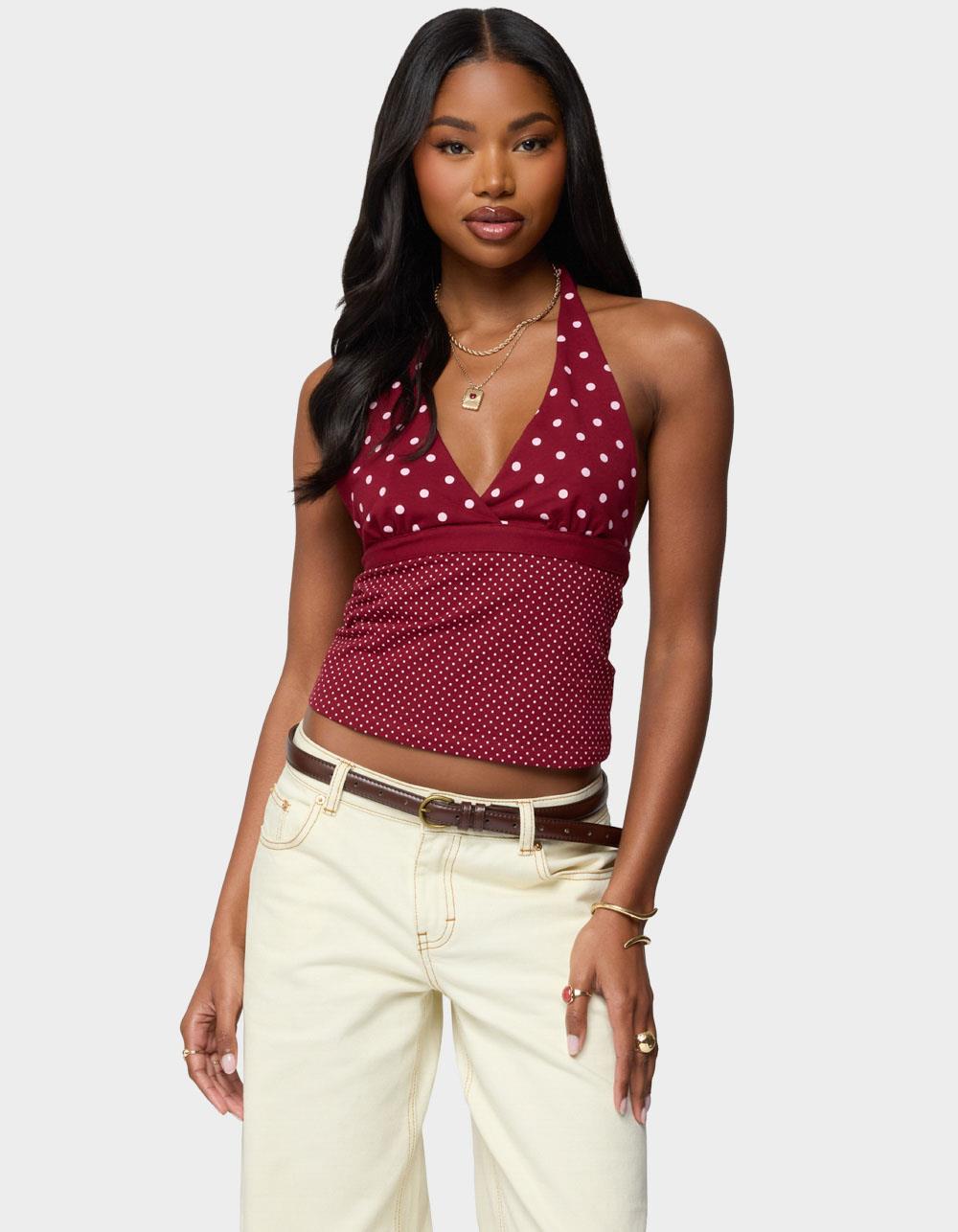 EDIKTED Ginny Mixed Polka Dot Halter Top - DK RED