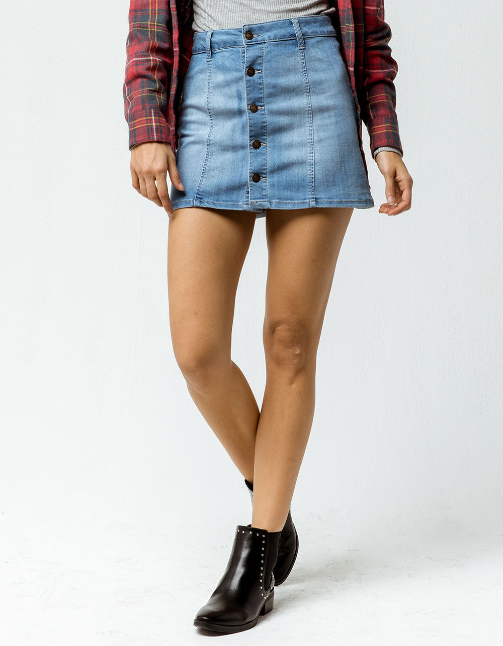 SKY AND SPARROW Button Front Denim Mini Skirt image number 3