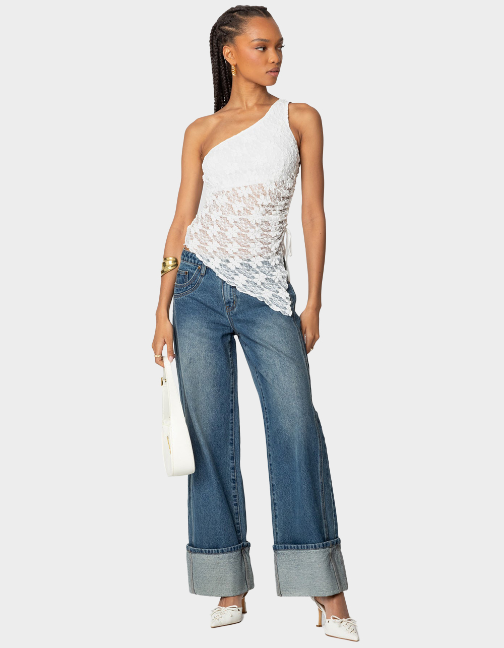 EDIKTED Lacey Sheer Asymmetric Drawstring Top - BEIGE