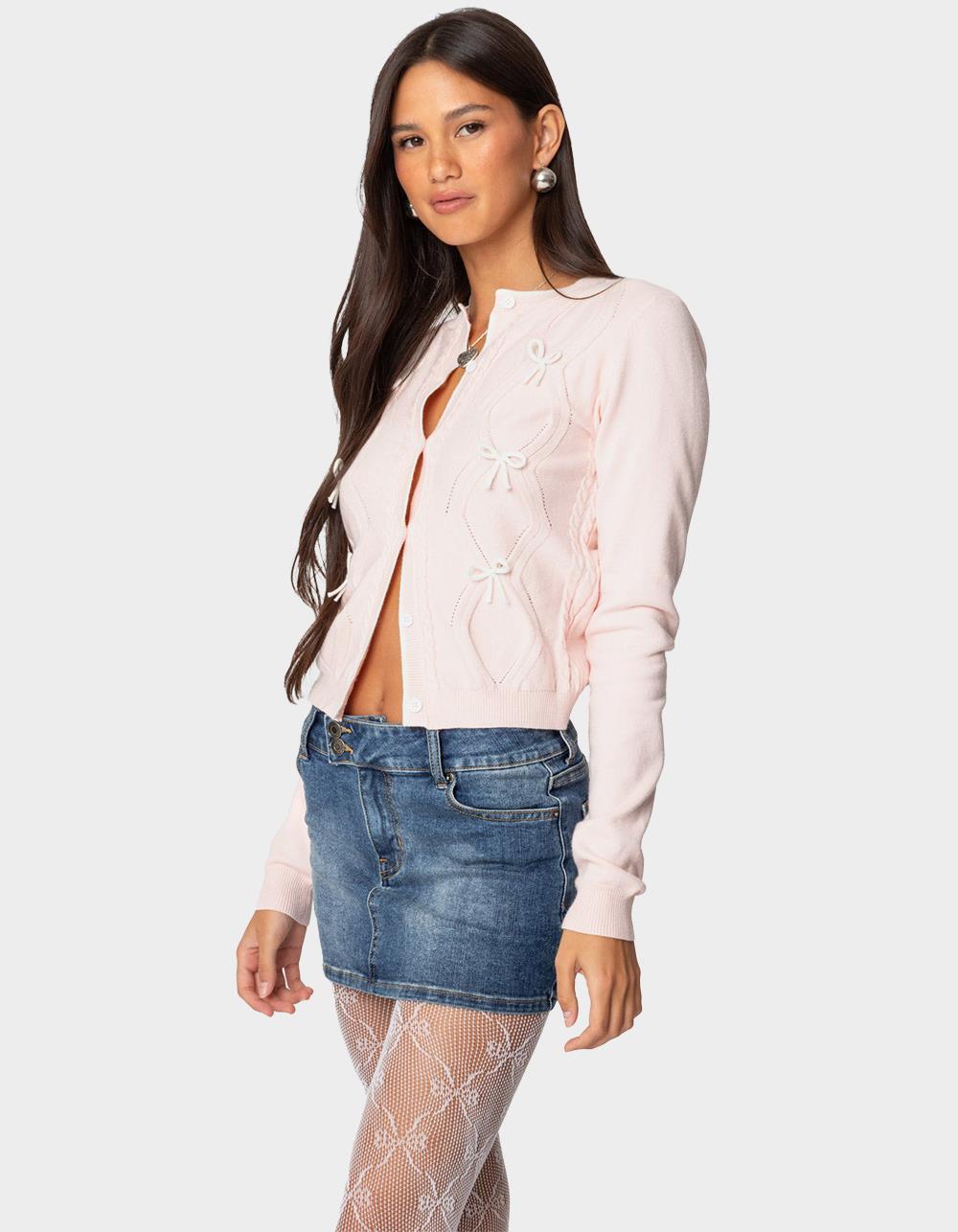 EDIKTED Contrast Bow Knit Cardigan - LIGHT PINK