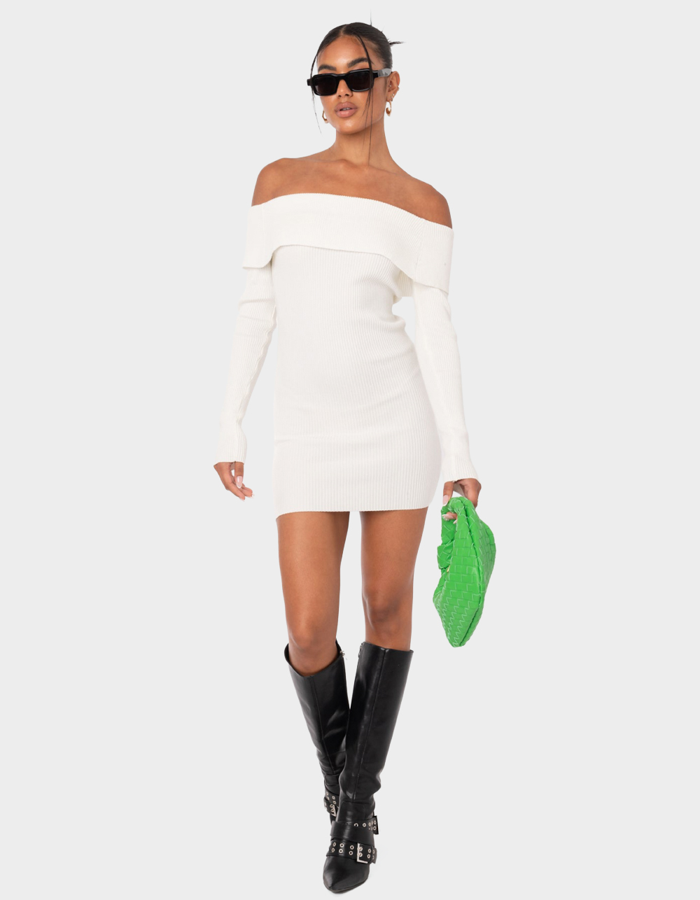 EDIKTED Emma Foldover Knitted Dress - WHITE