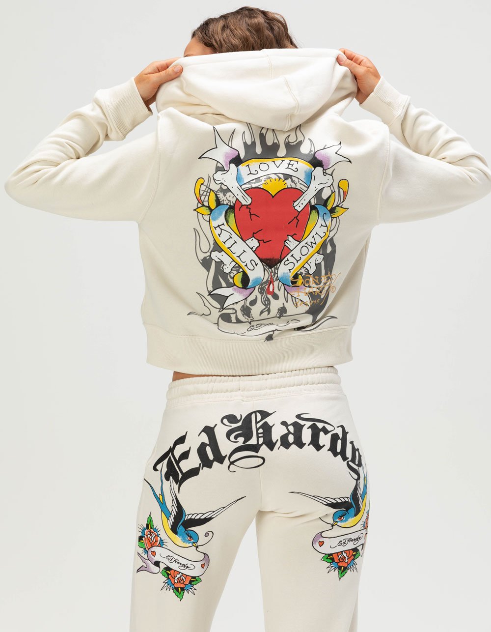 ED HARDY Love Kills Slowly Womens Zip-Up Hoodie - IVORY