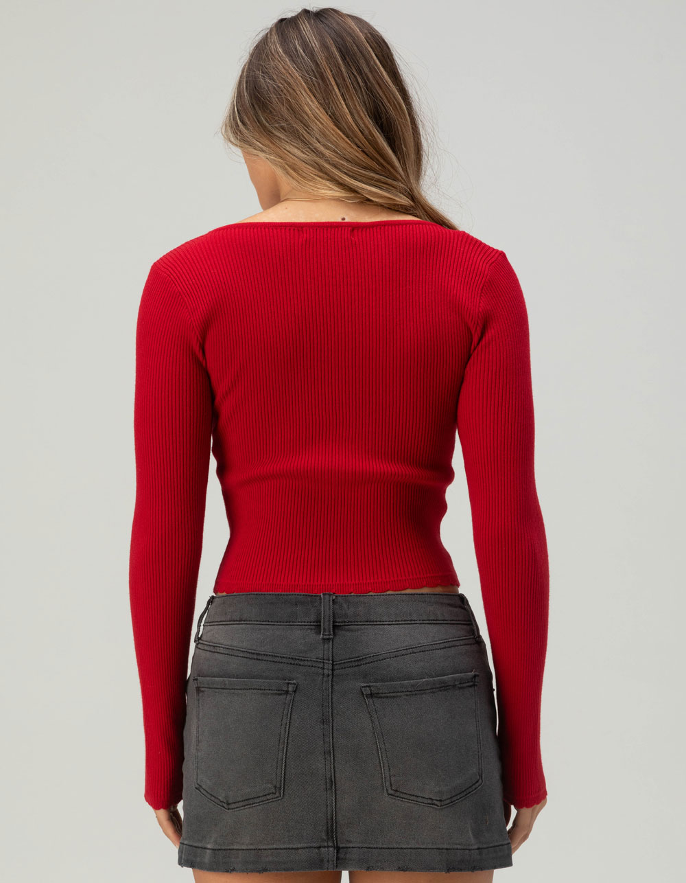 RSQ Womens Long Sleeve Square Neck Rib Bow Top - RED