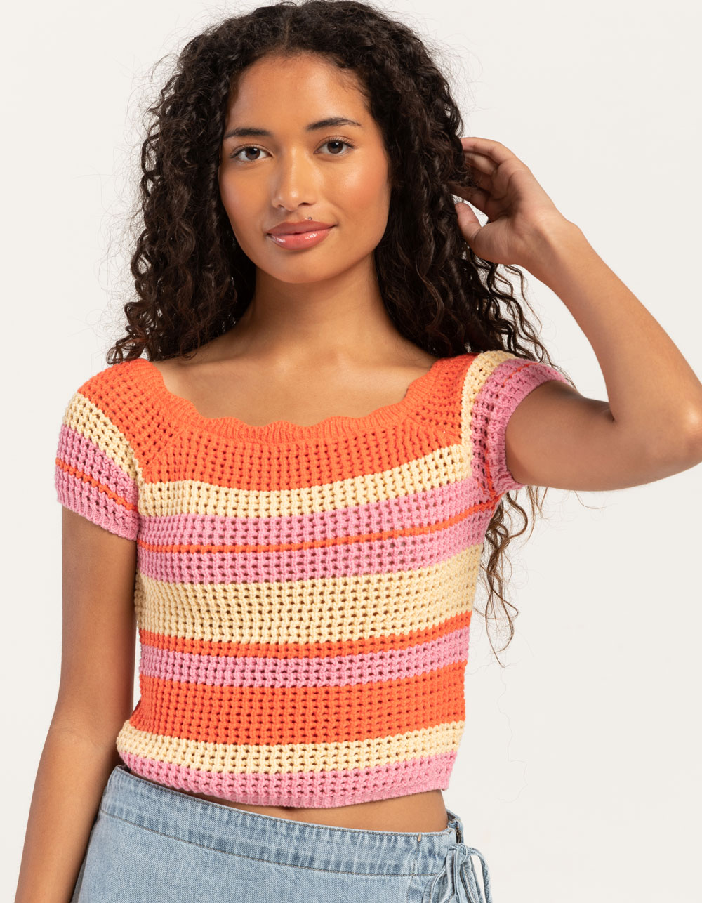 FULL TILT Stripe Off The Shoulder Womens Top - PINK COMBO