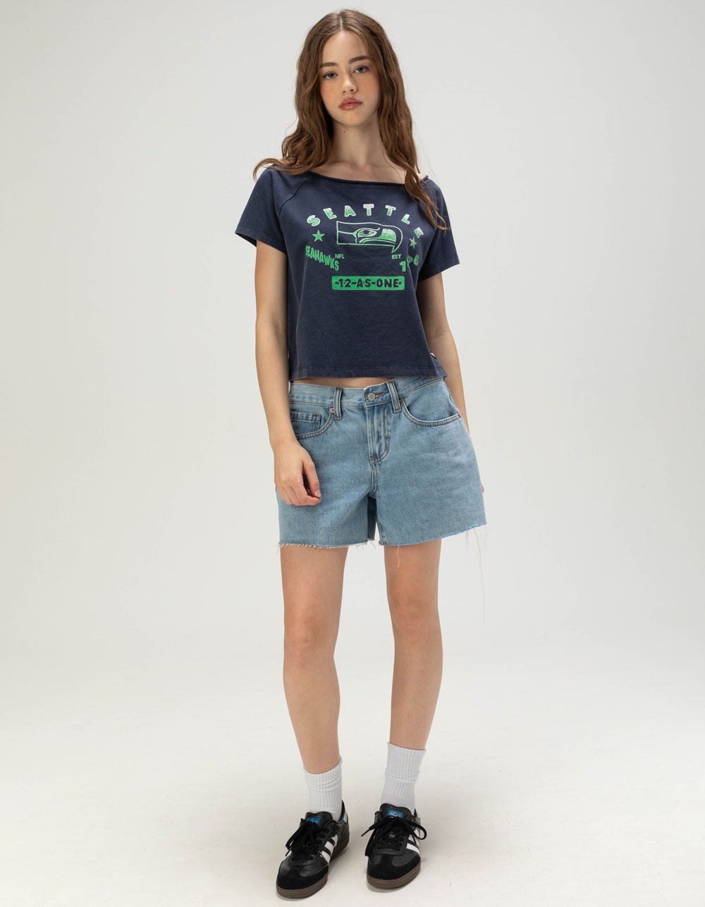 The WILD COLLECTIVE Seattle Seahawks Womens Off Shoulder Tee - BLUE