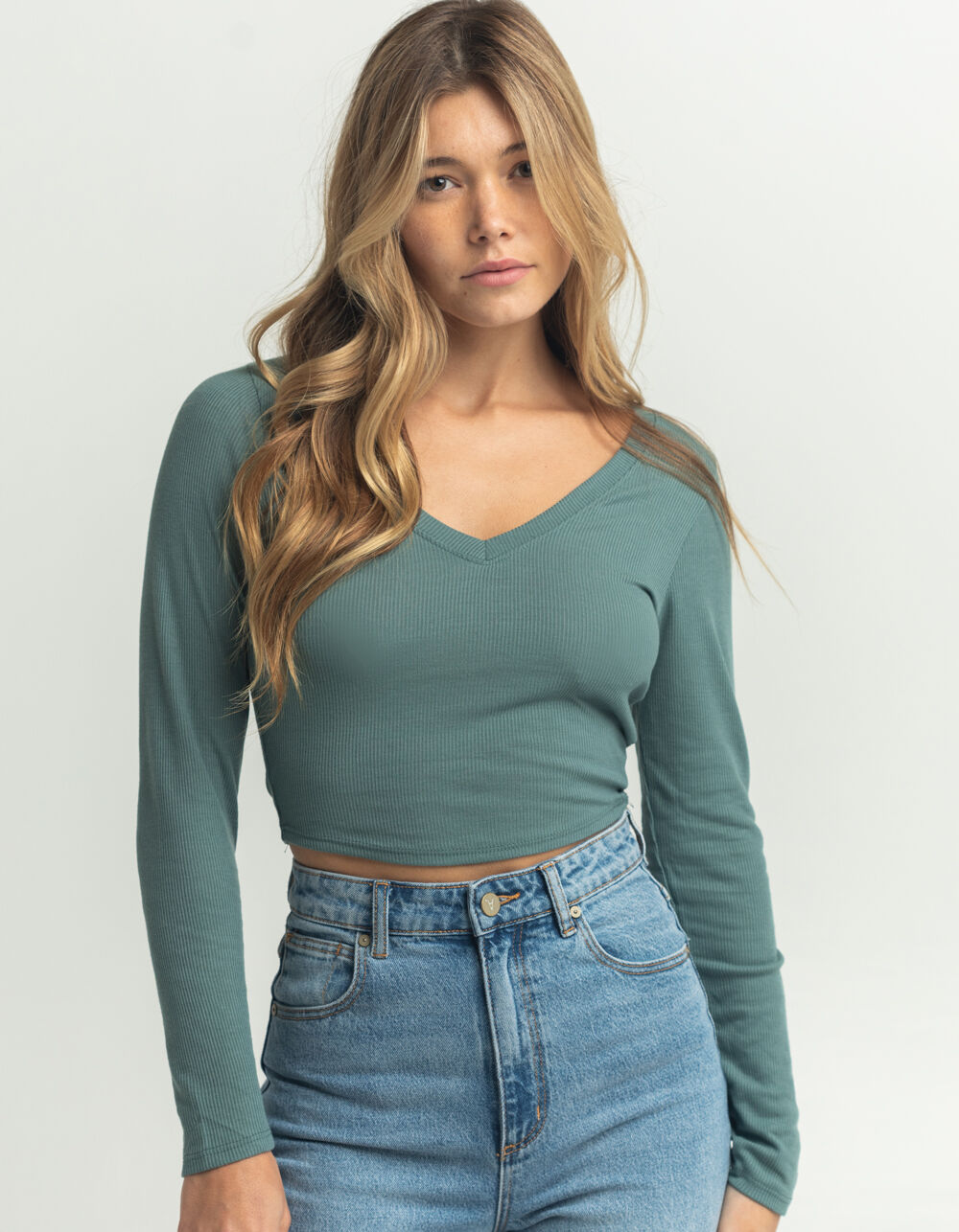 BOZZOLO Womens Ribbed V-Neck Top - SAGE | Tillys